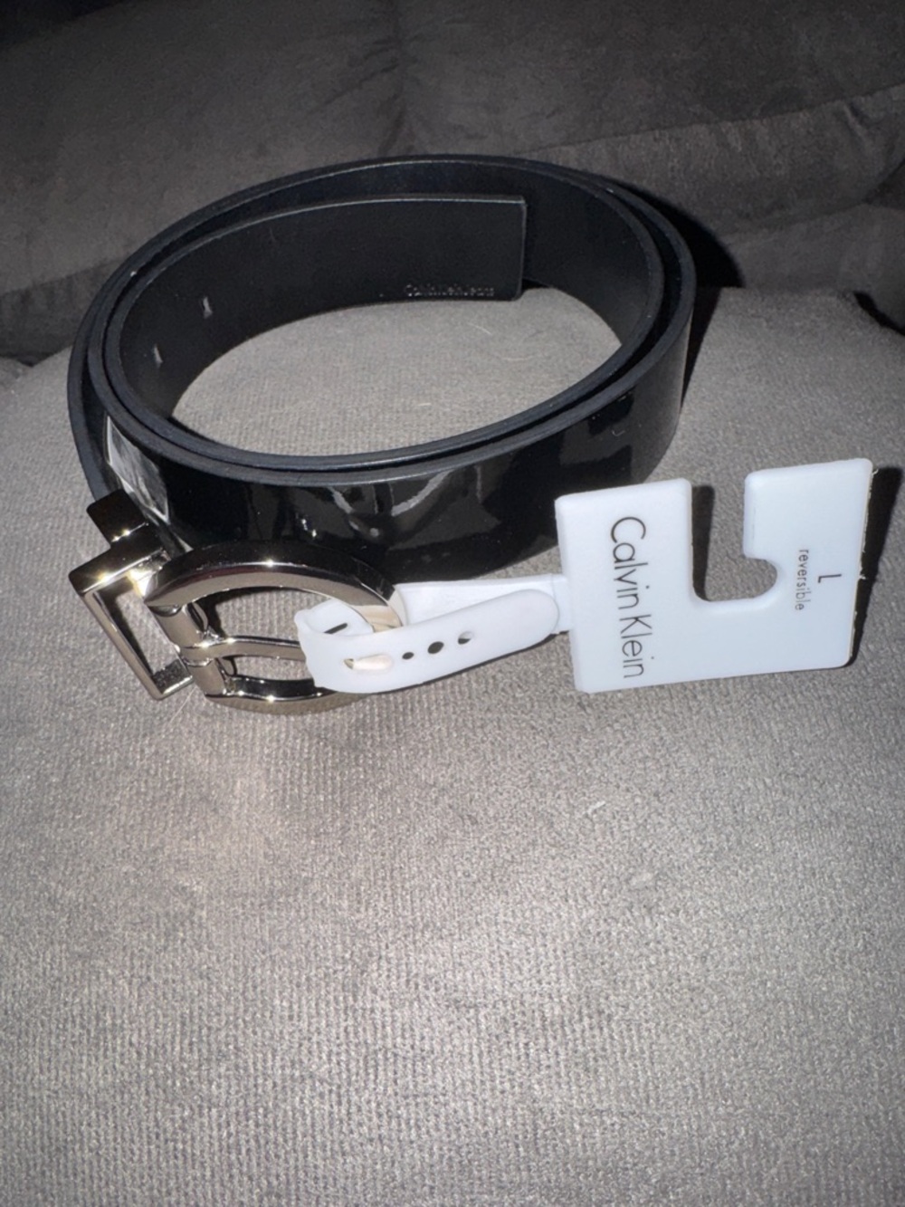 Calvin Klein Black faux Patent leather Belt with Shiny Silver Buckle large